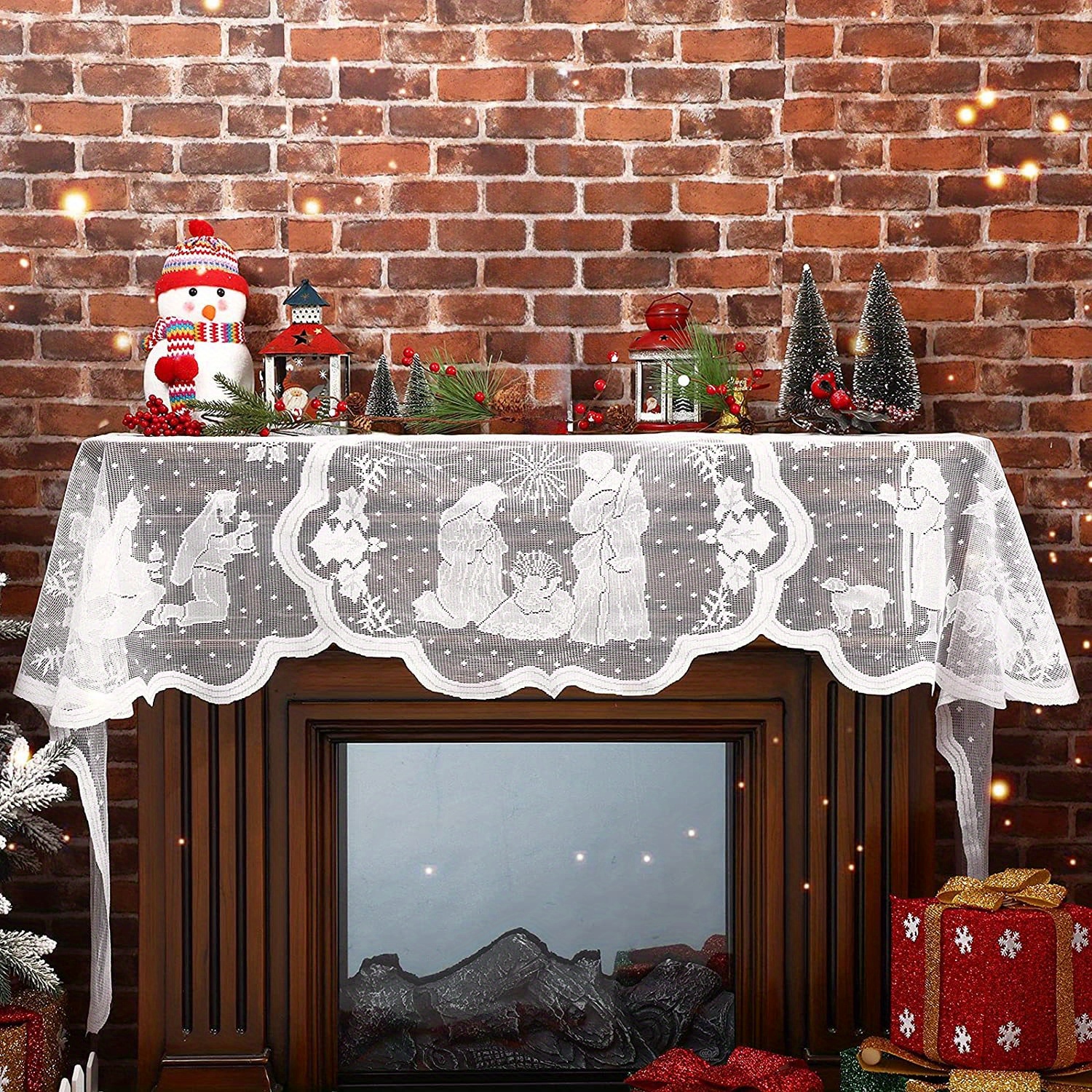 TEMU 1pc Christmas Nativity Mantle Scarf & Table Runner 20x90in - White Lace Polyester Embroidered With Christian Nativity Scenes, Durable Fireplace