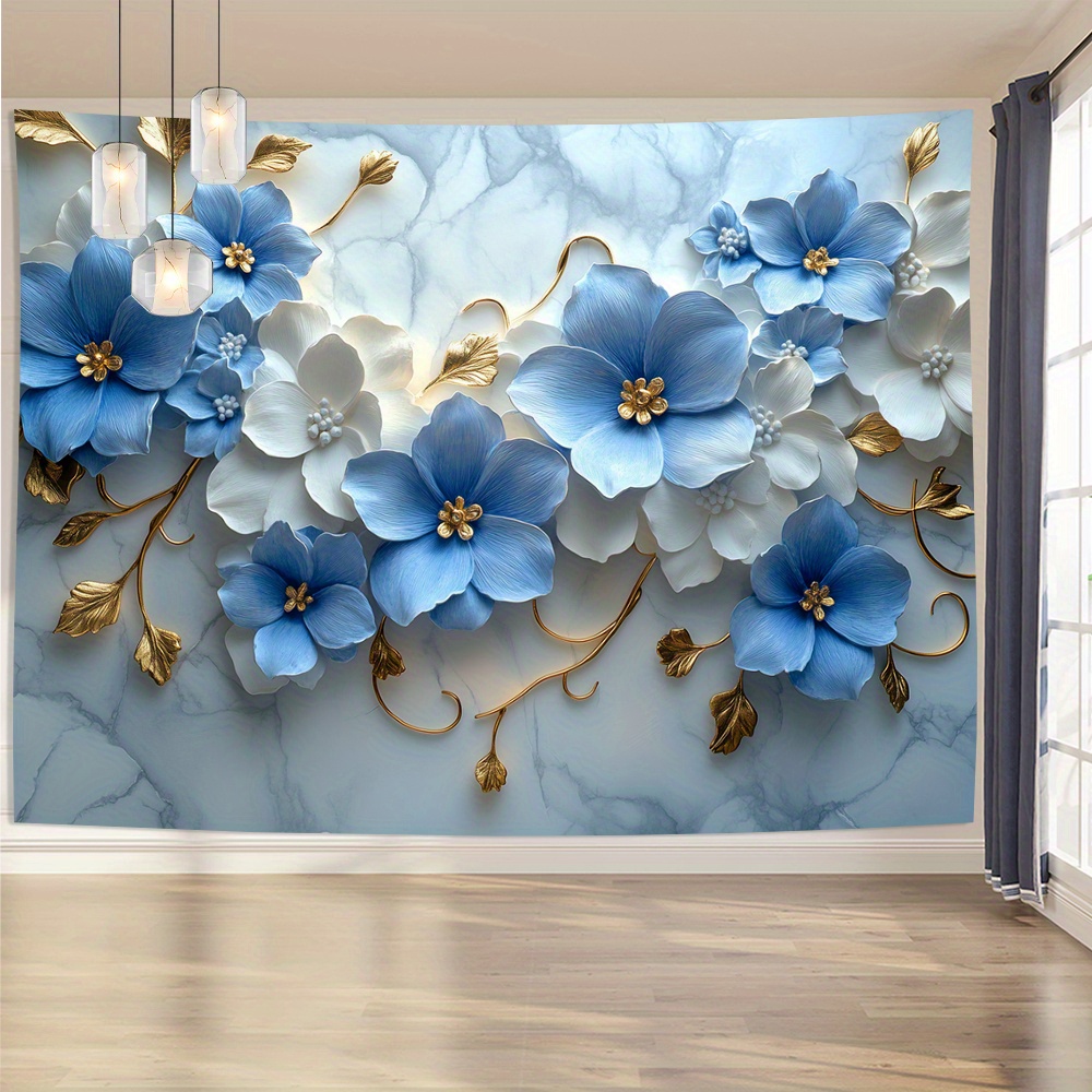 

1pc 3d Blue & Golden Floral Wall Tapestry, Polyester, Vintage Style, No Feather, No Power Required, For Living Room, Bedroom, Office, Party, Home Decor, Room Decor, Wall Art, Creative Gift