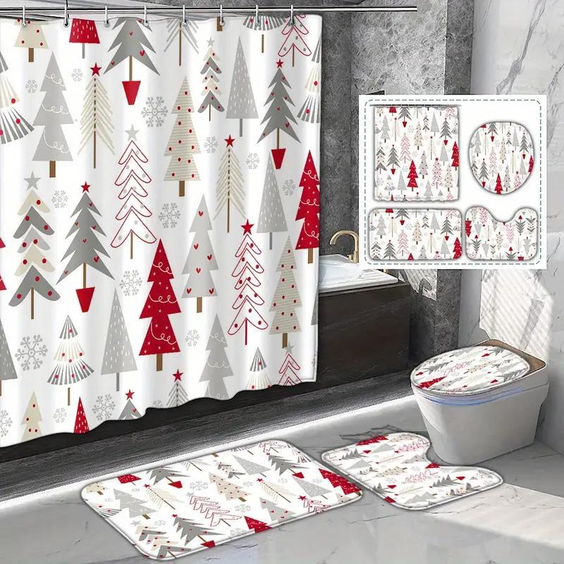 

1/3/4pcs Set Of Christmas Curtains Carpet, Christmas Bathroom Decoration, Bathroom Accessories Including Bathroom Carpet, U-shaped Mat, Mat, 180x180cm Curtain 12