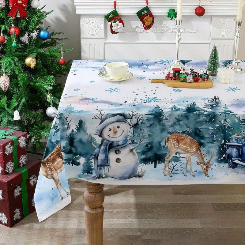 

Christmas Snowman And Deer Tablecloth - 100% Polyester Non-woven Rectangular Table Cover For Dining, Kitchen Home Party Decor - Machine Made With Polyester Lining And Filling