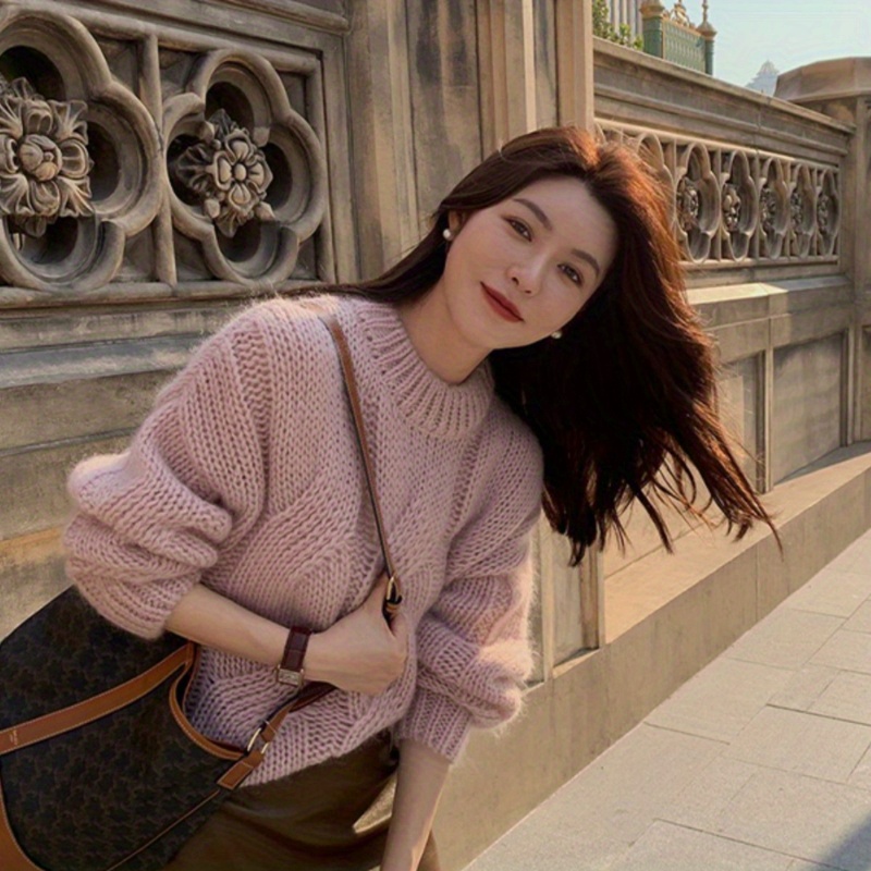 

Elegant Pink Cable Knit Sweater For Women - Cozy & Soft, Long Sleeve Pullover With Round Neck, Fall/winter