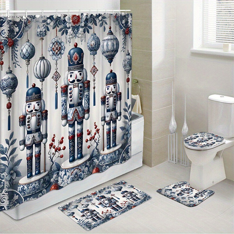 

Nutcracker-themed Bathroom Set With Water-resistant Polyester , 12 Rings, Non-slip Bath Mat, Toilet Lid Cover, And Rug For Festive Home Decor - Woven Fabric, , Fashion Pattern Accessory Kit