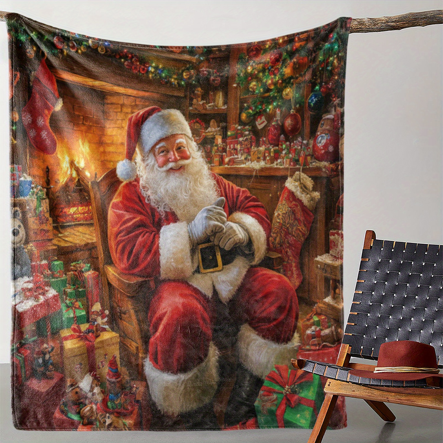 

Vintage Christmas Santa Claus Print Flannel Throw Blanket, Cozy Polyester Knitted Soft Sofa Bed Blanket, Digital Printing, Warm Comfortable, Ideal For Camping & Gifts, 59x79 Inches