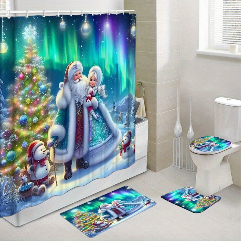 

1pc/4pcs Christmas Waterproof Shower Curtain Set With 12 Hooks And Bath Mat Toilet Seat Bathroom Seat Anti-slip Carpet Rug Polyester Fabric Curtain Bathroom Accessories Home Decor (open Jit)