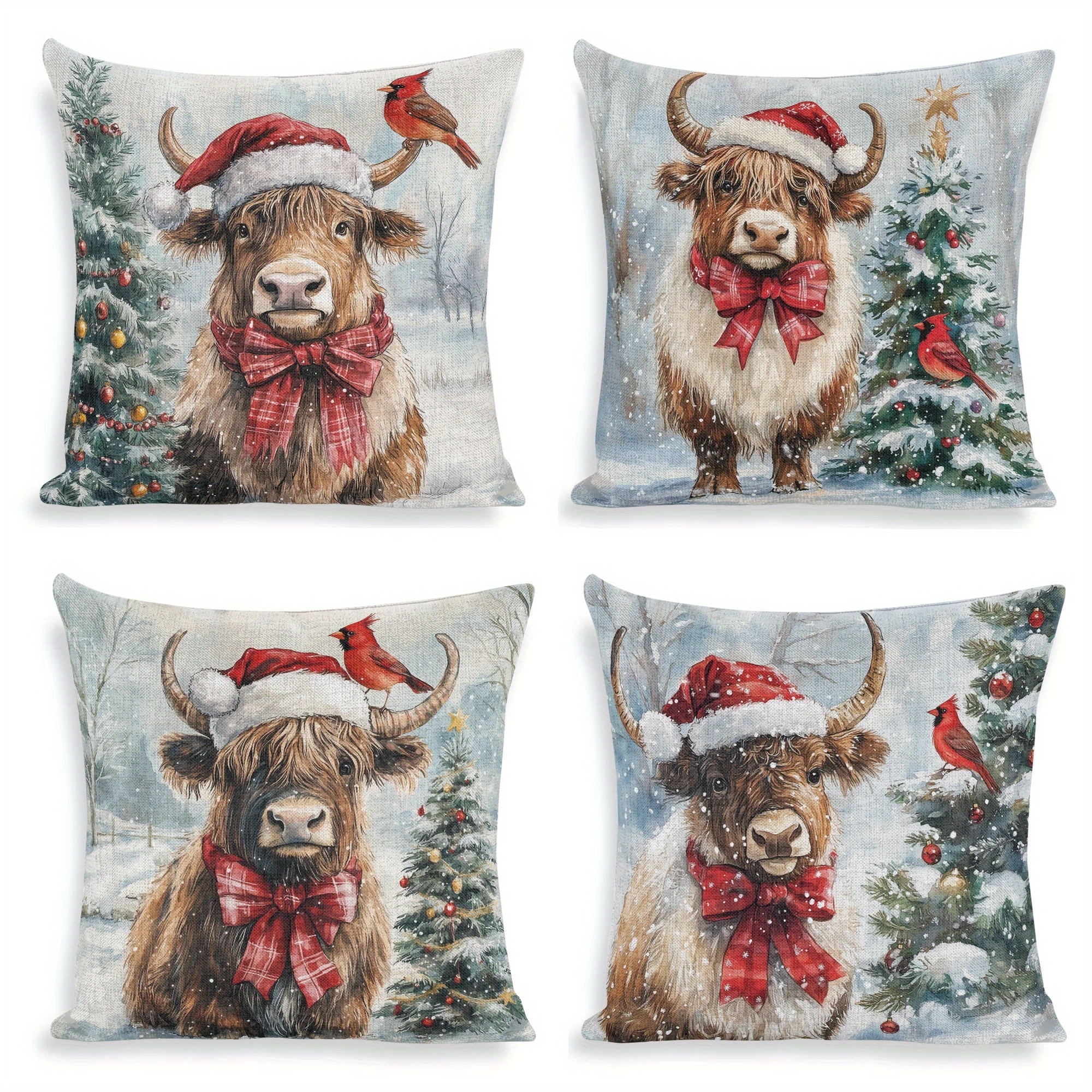 

Set Of 4 Christmas Decorative Throw Cushion Covers, 18x18 Inch, Contemporary Woven Polyester With Zipper, Machine Washable, American Yak And Design For Sofa, Bed, And Living Room Decor