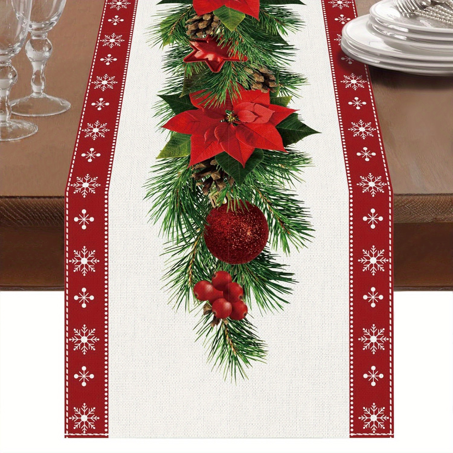 

Christmas Table Runner With Design - Woven Polyester, Rectangular Decor With , Home & Kitchen Decoration, 72 X 13 Inches, Suitable For Indoor Dining & Parties