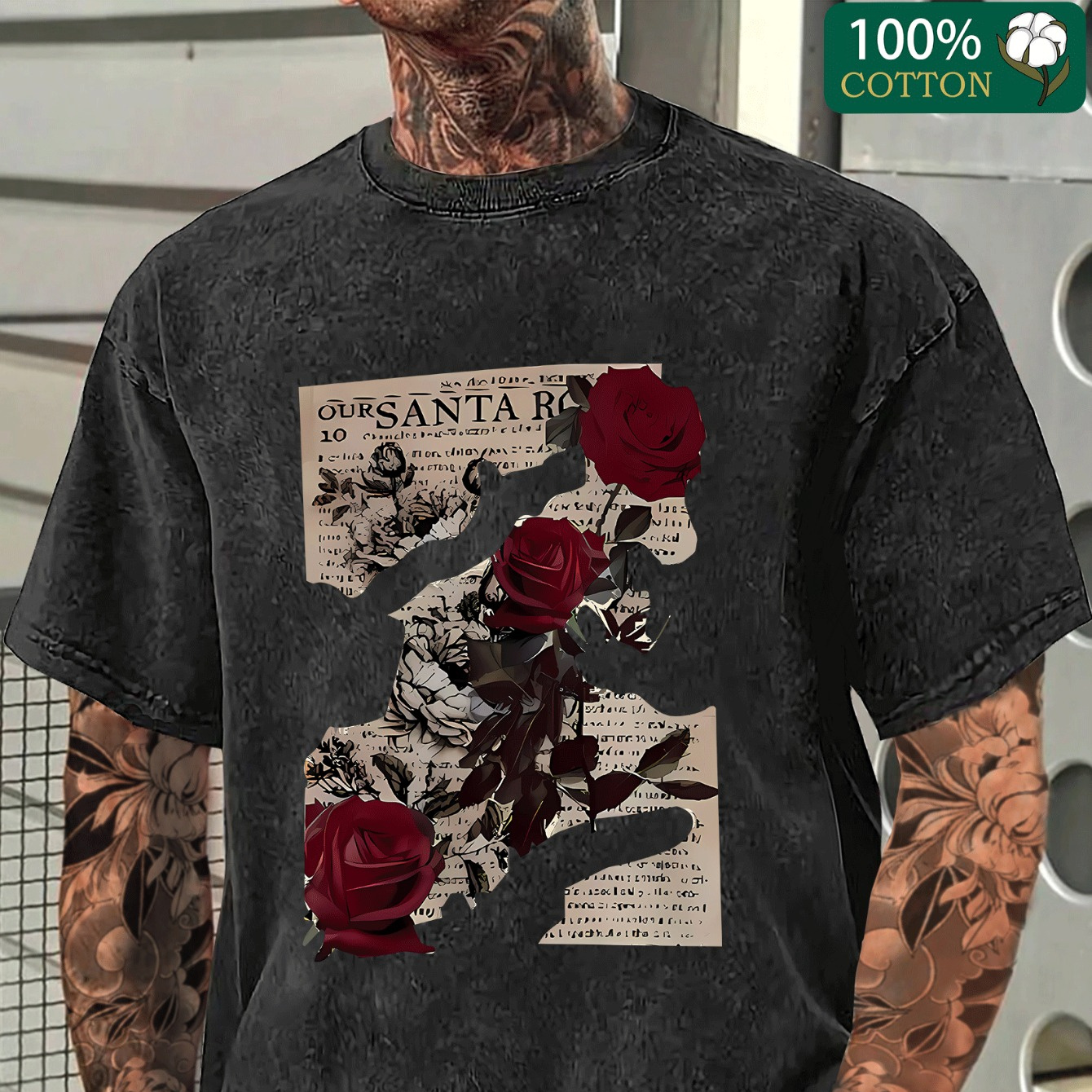 

Rose Print, Boutique 230g Washed Distressed Batik Thickened Cotton T-shirt, Men' Casual Cotton T-shirt, Short Sleeve Crew Neck T-shirt