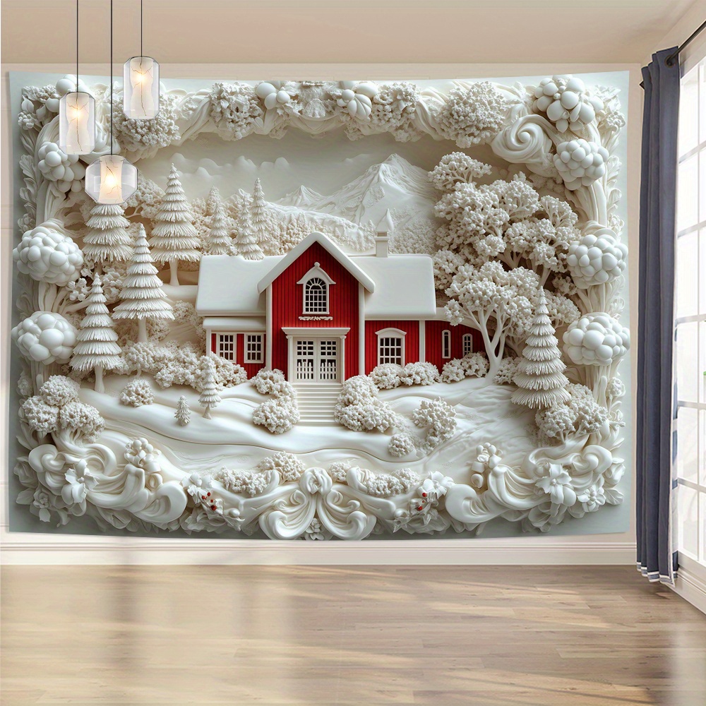 

3d Visual Effect Christmas House Backdrop - Living Room, Bedroom, Office Decor & Parties - Vintage Style Polyester Wall Art, Creative Gift Idea