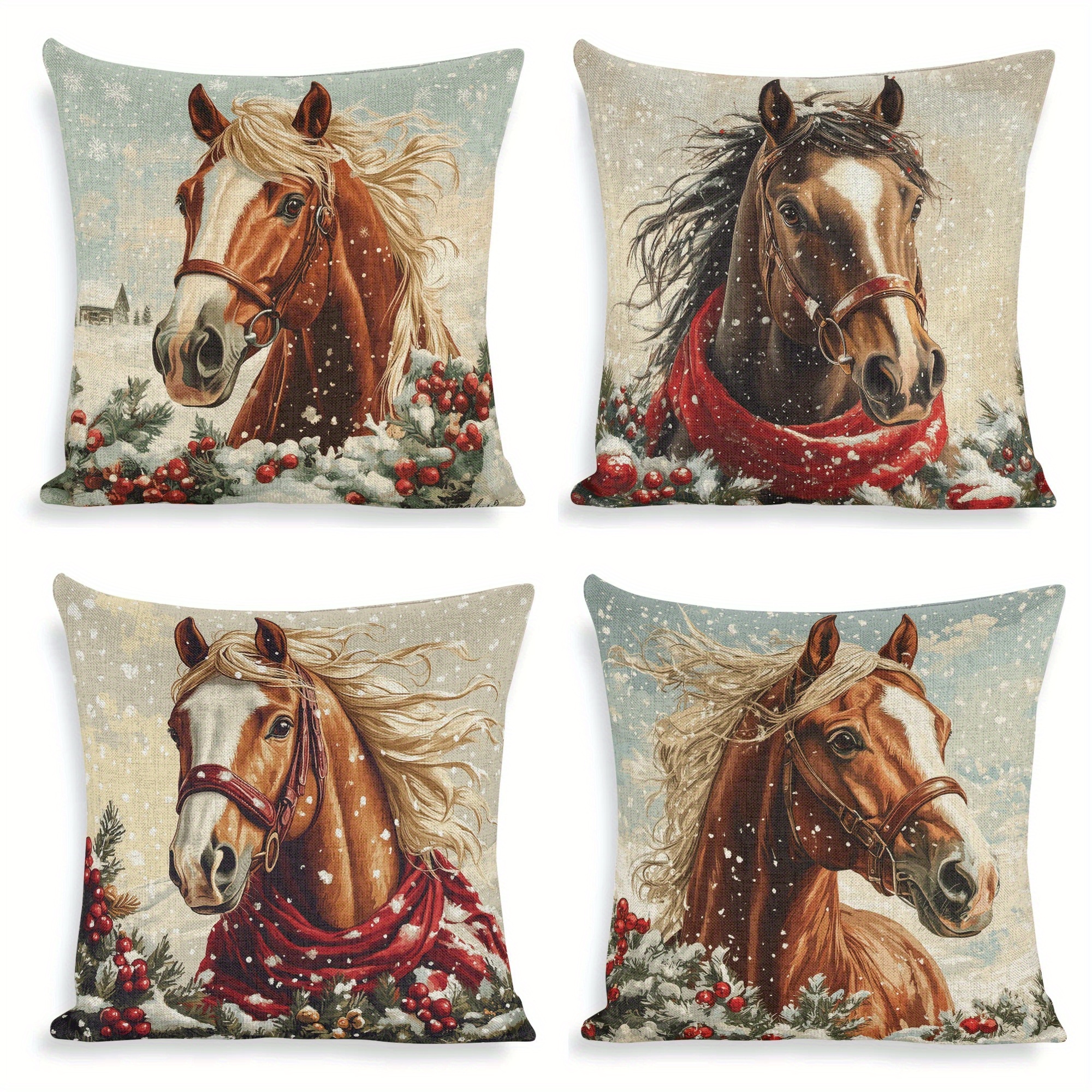 

Set Of 4 Christmas Throw Pillow Covers - Horse & Red , Zippered 18x18 Inch Cushion Cases For Living Room & Bedroom Decor Decorate Pillows, Christmas Decor