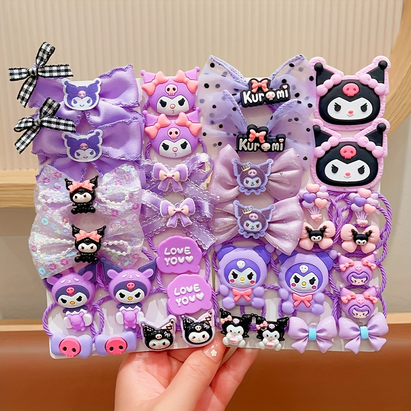 

16/18pcs Sanrio Kuromi Elastic Hair Ties Set, Cute Cartoon Hairbands With Bows, Non-damaging Fabric Headbands, Color Matching Print, Fashion Accessories For Dress Up, Valentine's Day Gift