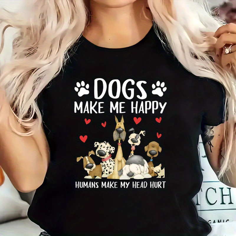 

Size Dogs Happy Graphic Tee - Comfy & Loose Fit, Short Sleeve Crew Neck Top For Women