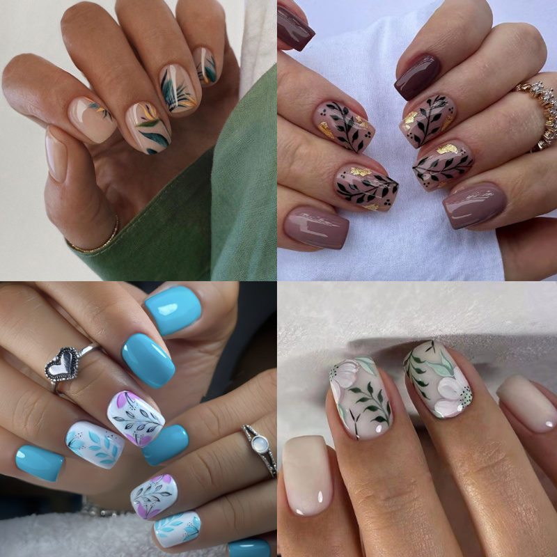 TEMU 96pcs (4 Pack) Short Square Press-on Nails, Green Leaf Gradient Floral Leaf Design, Wearable Removable Fake Nail Set Style