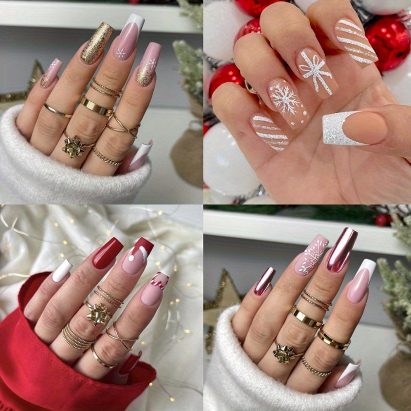 

96pcs (4 Pack) Christmas Press On Nails Medium Square Glitter Fake Nails Winter Silvery Glitter Design False Nails With Glue Full Cover Artificial Acrylic Nails