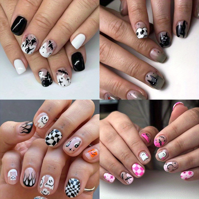 TEMU 96pcs (4pcs) Halloween Press-on Nails - Short Square Black Acrylic Fake Nails With Cute ,, And , Glossy Full Cover False Nails For Women & Girls Halloween Nail Art Decor, Halloween Decorations