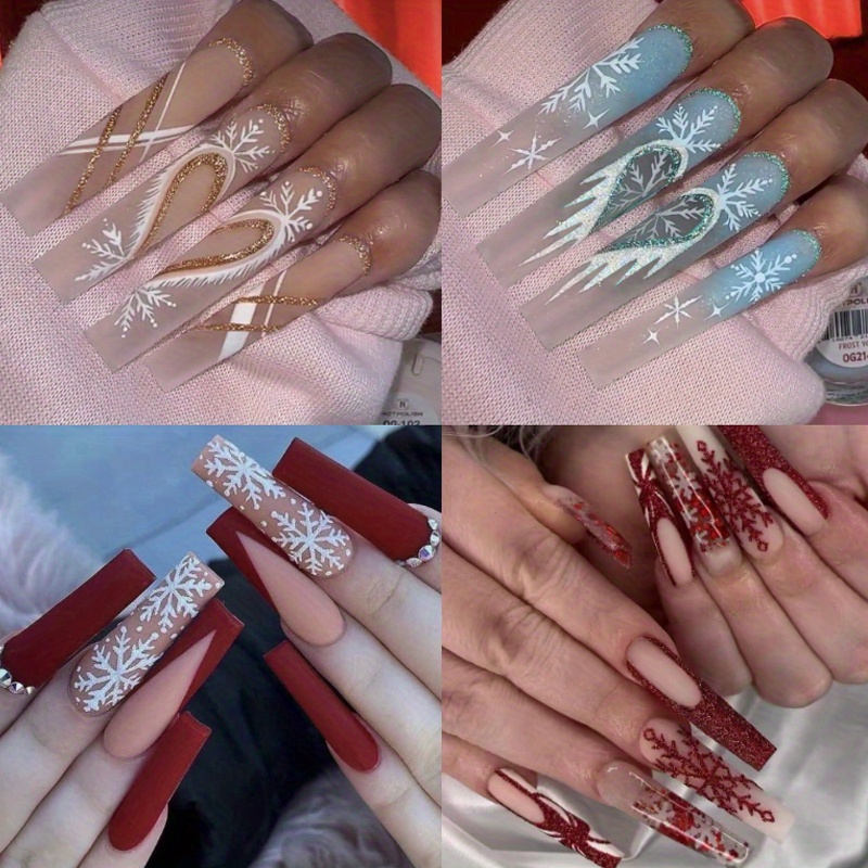 TEMU 96pcs (4 Pack) Christmas Press On Nails Long Fake Nails Full Cover White Red Matte False Nails With Ice And Stick Glue On Nails For Women Party Shiny Nail Decorations