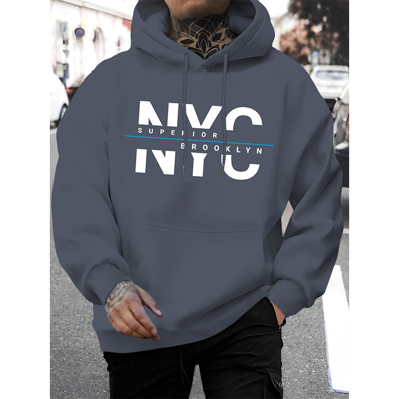 

Men's Nyc Hoodie - Fall/winter Knit Fabric Regular Fit Polyester Hooded Sweatshirt With Stretch - Geometric Pattern Fashion Pullover