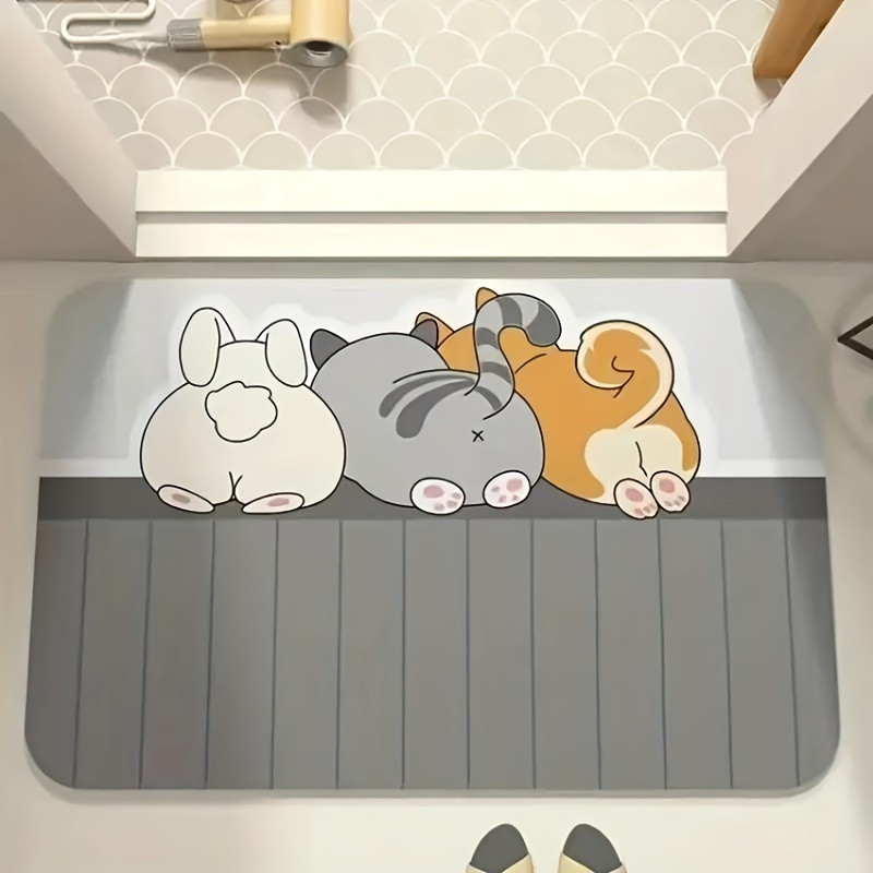 

[] Cartoon Animal Quick-dry Absorbent Mat - Non-slip, Diatomaceous Earth, Entrances, & Cat Design, Soft Polyester