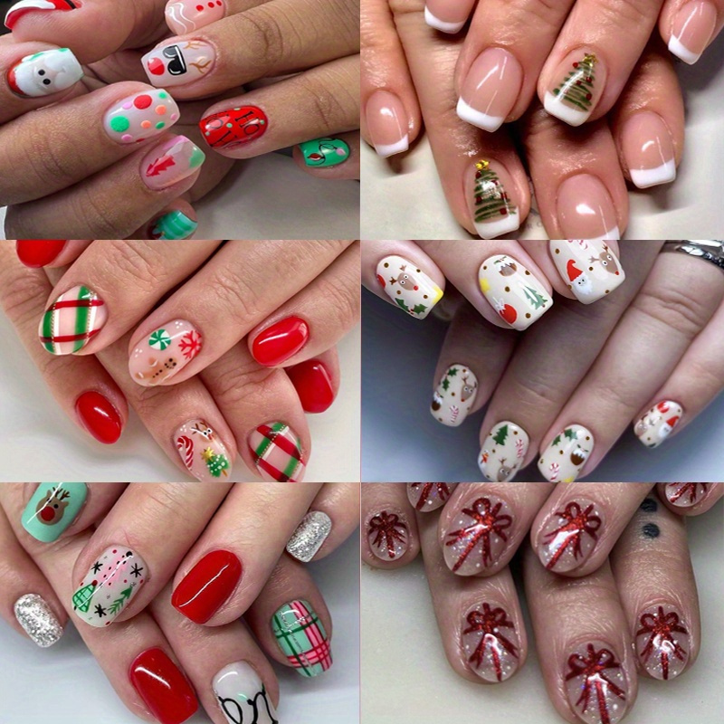 

144pcs ( 6 Pack ) Christmas Press On Nails Short Fake Nails Full Cover Acrylic Nails With Funny Cartoon Patterns Design Winter Artificial False Nails Glue On Nails For Women