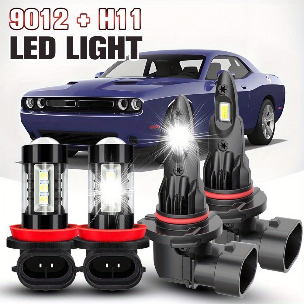 

4x 9012 H11 For Dodge For Challenger 2015 2016 2017-2021, Led Headlight Low Fog Bulbs Kit, , -n- Replacement, 6000k