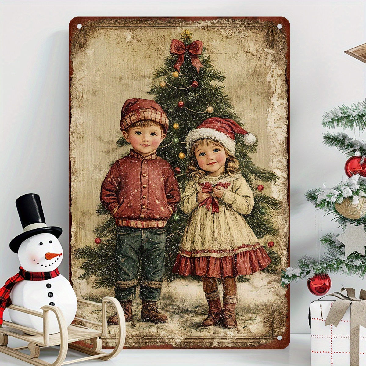 

Rustic Christmas Kids Metal Wall Art - Indoor Decoration, Antique-style Children & Tree Image, Hanging Options, Uv & Water-resist, Pre-drilled Retro Sign For Home & Farmhouse Decor, 8x12