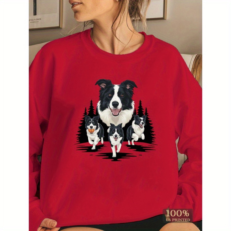 

1pc Women's Casual Crew Neck Sweatshirt With Geometric Collies Pattern - Polyester Knit Fabric, Regular Length, Fall/winter Collection