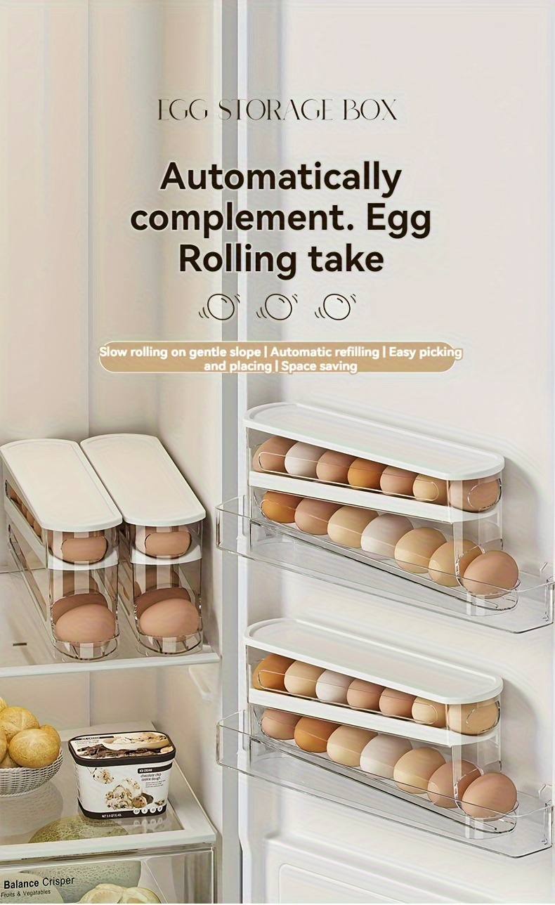 Clear Plastic Egg Storage Box, Space-Saving Rolling Design for Refrigerator Side Door, Durable PVC, Battery-Free, Essential Kitchen Organizer