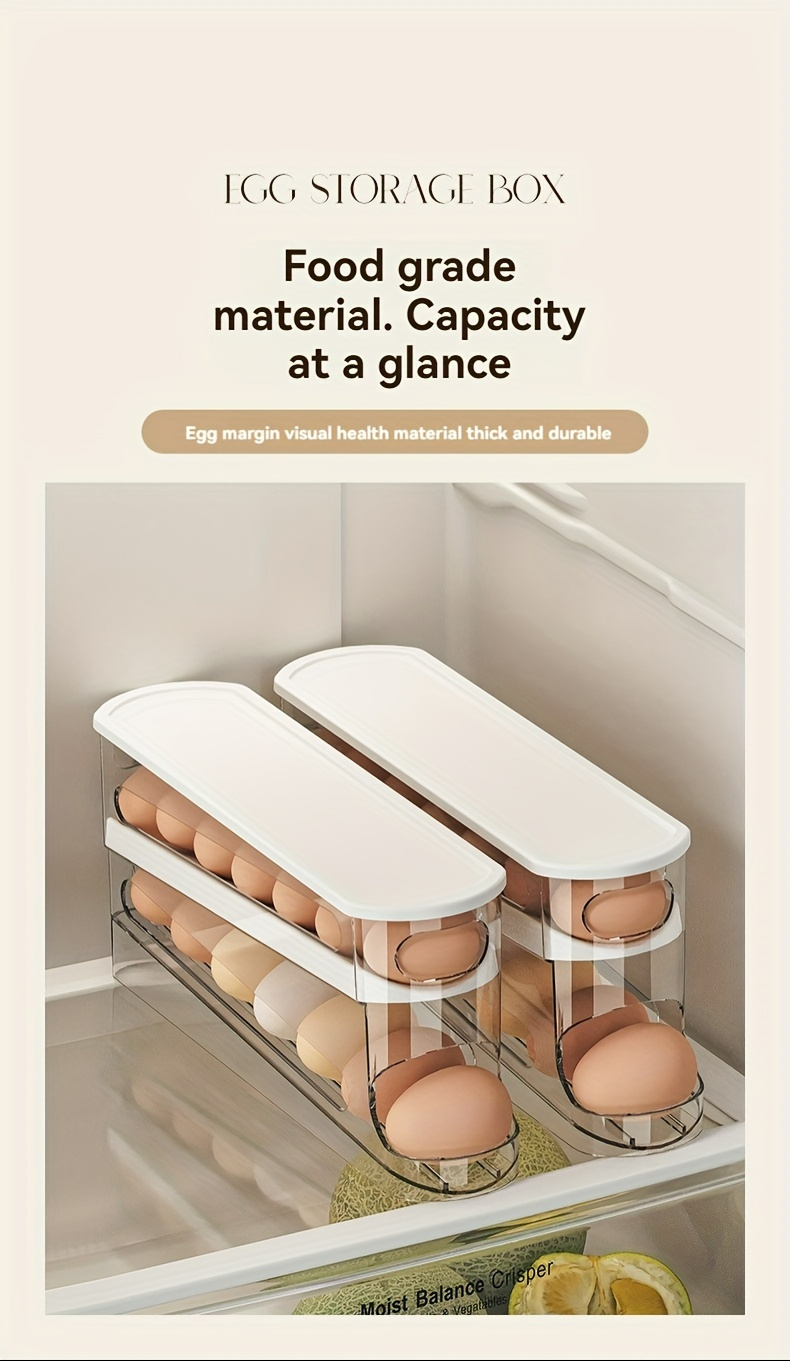 Clear Plastic Egg Storage Box, Space-Saving Rolling Design for Refrigerator Side Door, Durable PVC, Battery-Free, Essential Kitchen Organizer