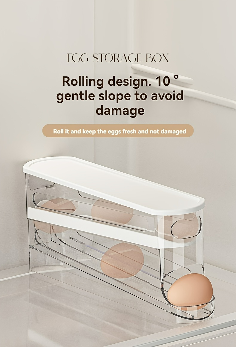 Clear Plastic Egg Storage Box, Space-Saving Rolling Design for Refrigerator Side Door, Durable PVC, Battery-Free, Essential Kitchen Organizer