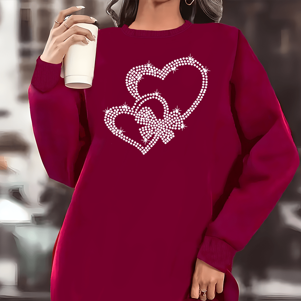 

Plus Size Heart Pattern Dress, Casual Long Sleeve Crew Neck Dress For Winter & Fall, Women's Plus Size Clothing