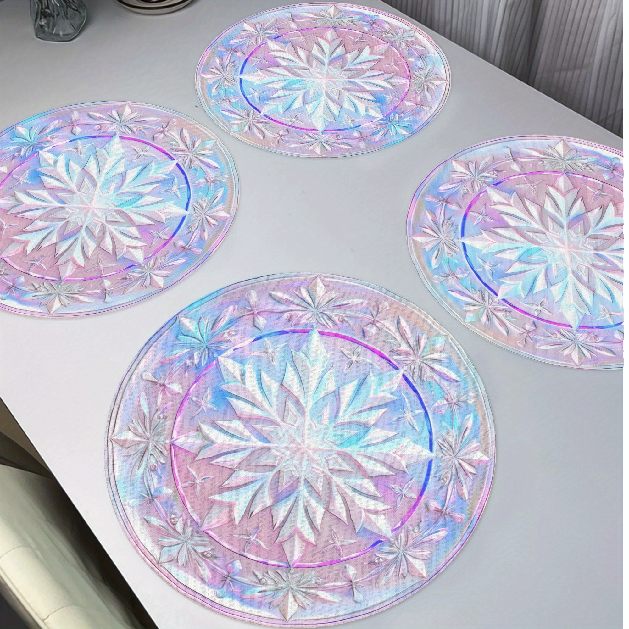 

4pcs Set Pink Snowflake Christmas Placemats - Non-slip, Heat Resistant & Washable Round Table Mats For Holiday Dining Decor