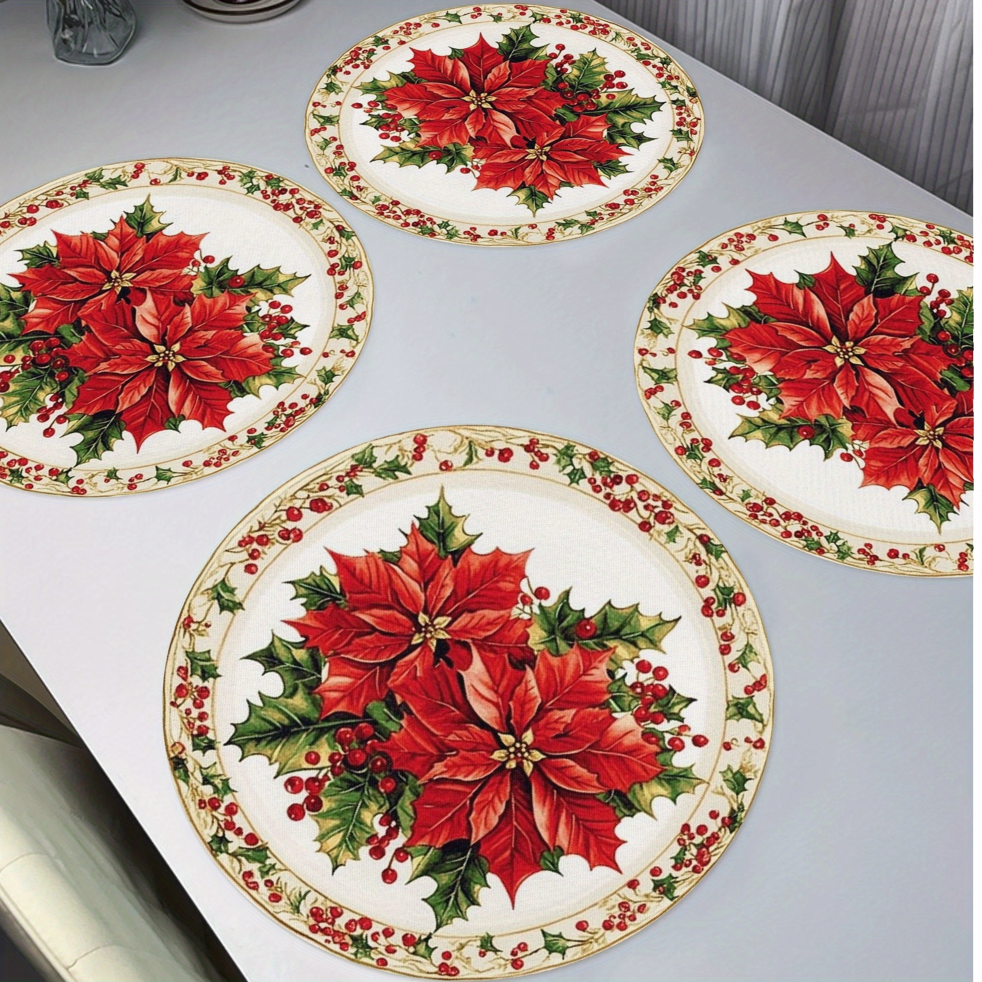 

Red Poinsettia & 4pcs Placemat Set - Watercolor Christmas Design, 15" Round, Non-slip, Heat Resistant, Polyester, Hand Wash Only - Holiday Dining & Kitchen Decor, Christmas Decor