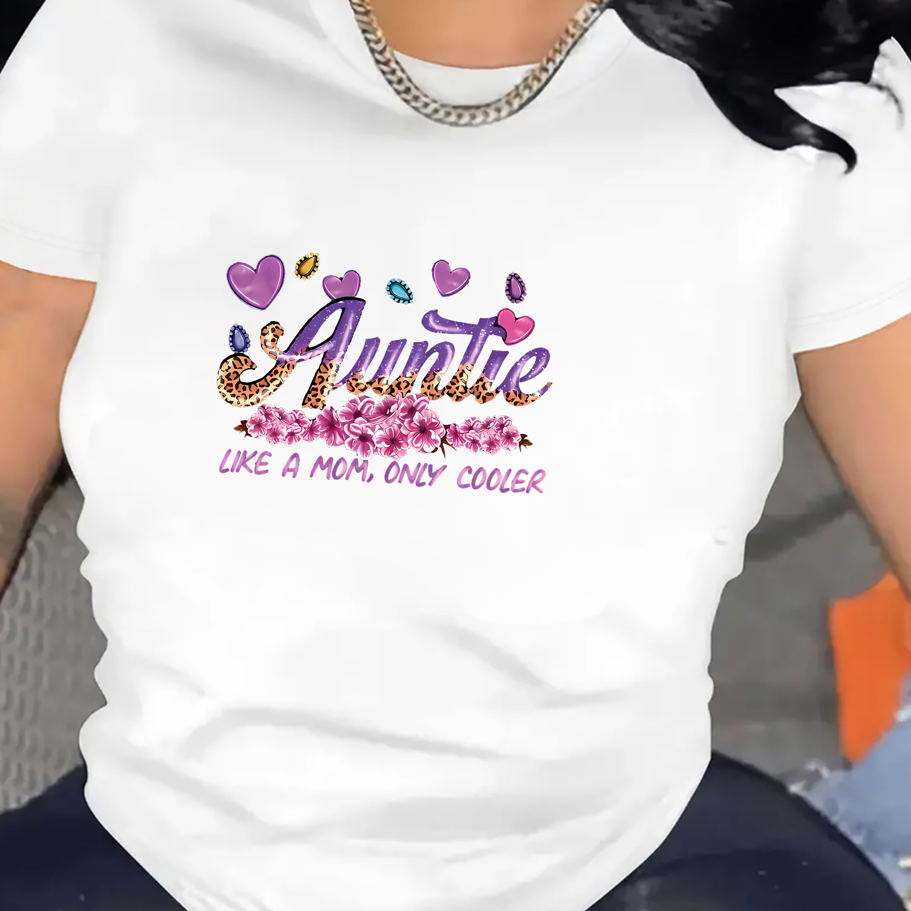 

Women' "auntie , Only Cooler" Letter Pattern Print T-shirt - Casual, Breathable Short Sleeve Round Neck Top, For Summer And Spring, Women's Clothing