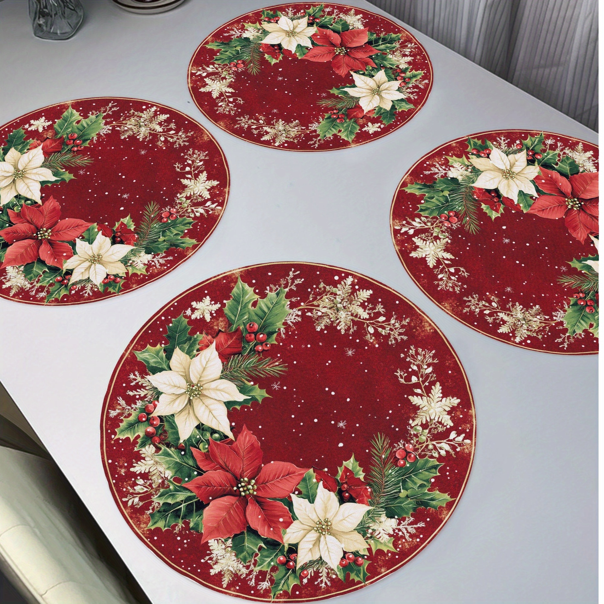 

4pcs Set Of Merry Christmas Poinsettia & Round Placemats - 15" Polyester, Non-slip, Heat Resistant, Hand Washable Table Mats For Holiday Dining & Kitchen Decor, Christmas Decor