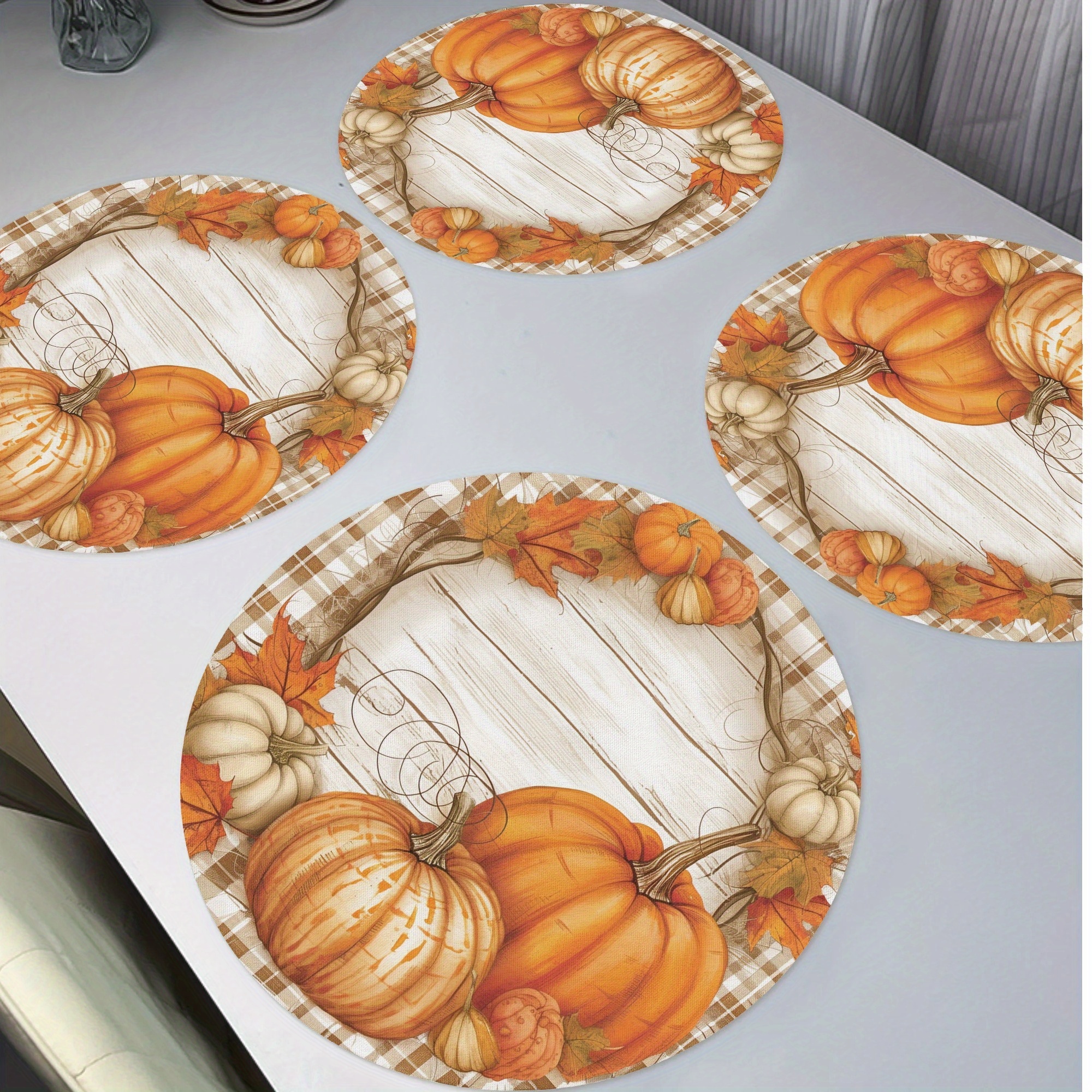 

4pcs Set Vintage Pumpkin & Maple Leaf Placemats - Autumn Design, Round Polyester Table Mats For Thanksgiving & Fall Dining Decor