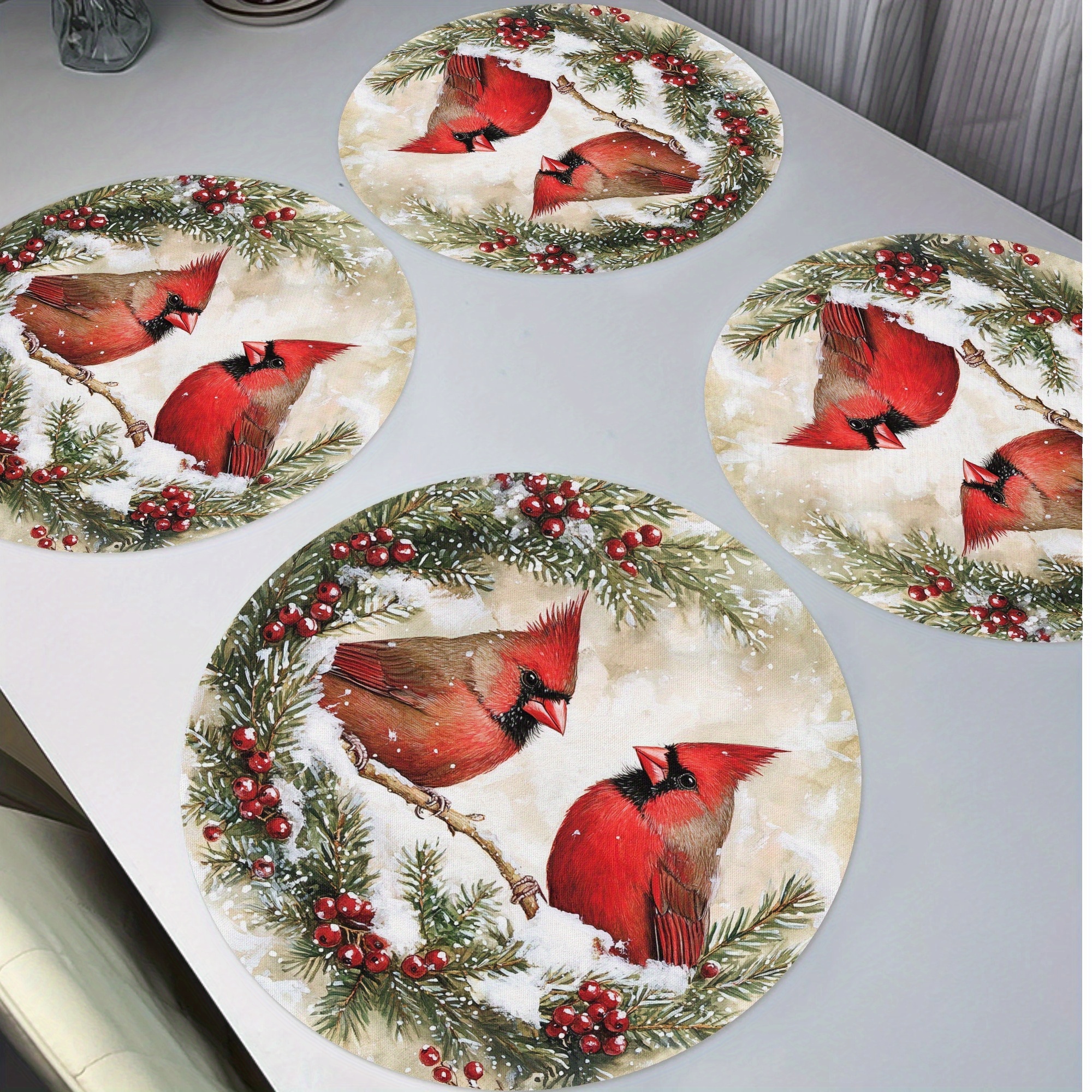 

4-pack Merry Christmas Placemats, 15" Round Polyester Table Mats, Poinsettia Birds & Berry Wreath Design, Non-slip, Washable, Heat Resistant, For Party, Kitchen, Dining Decor