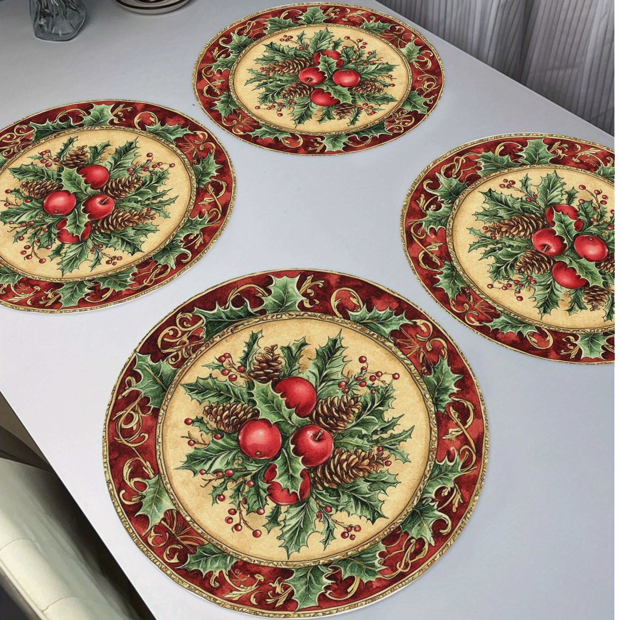 

4-pack Christmas Round Placemats, Golden Non-slip Washable Heat Resistant Table Mats, 15" Knit Fabric Polyester Place Mats For Party Kitchen Dining Decor