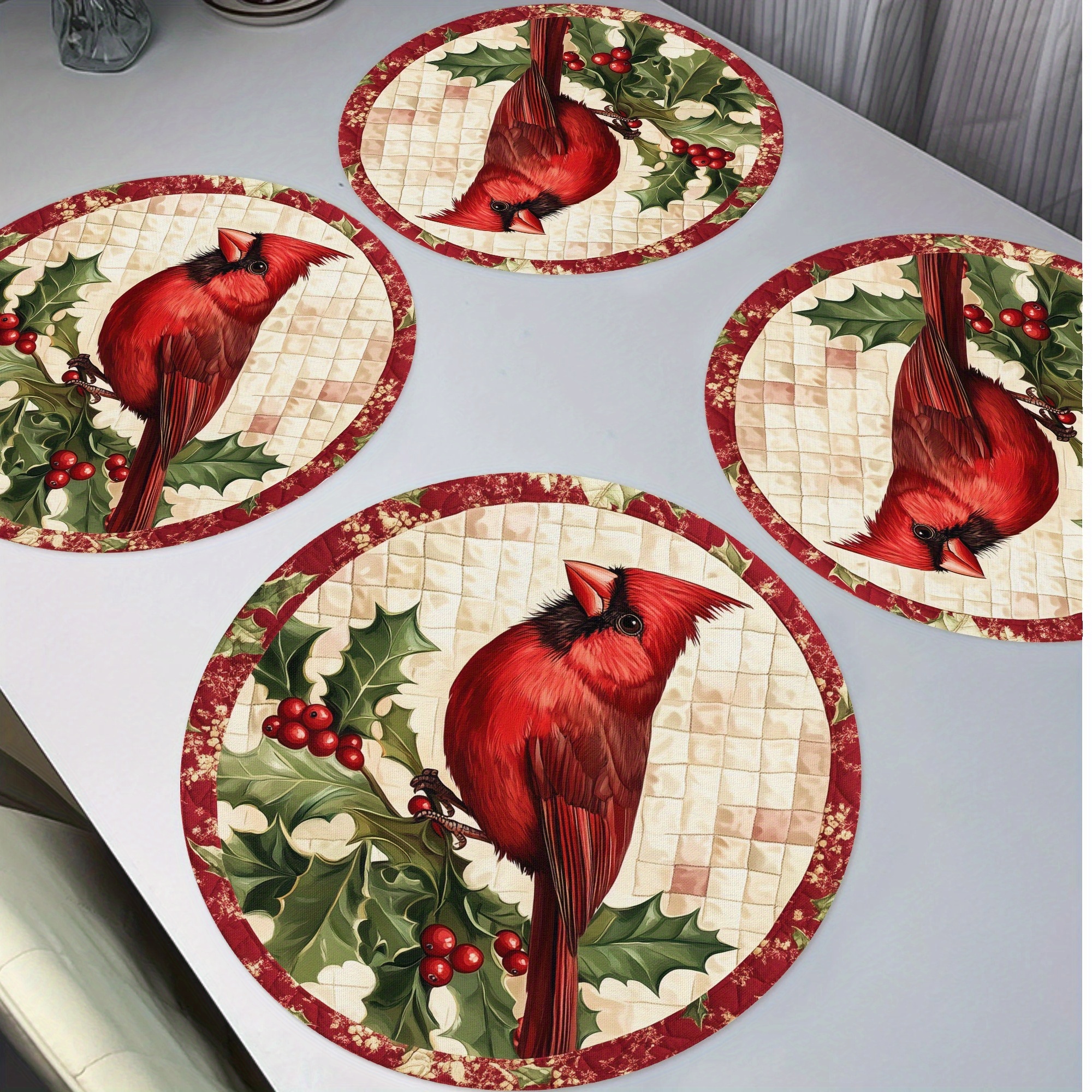 

4-pack Christmas Bird Round Placemats, 15" Polyester Table Mats, Texture, Non-slip, Washable, Heat Resistant, For Party Kitchen Dining Decor