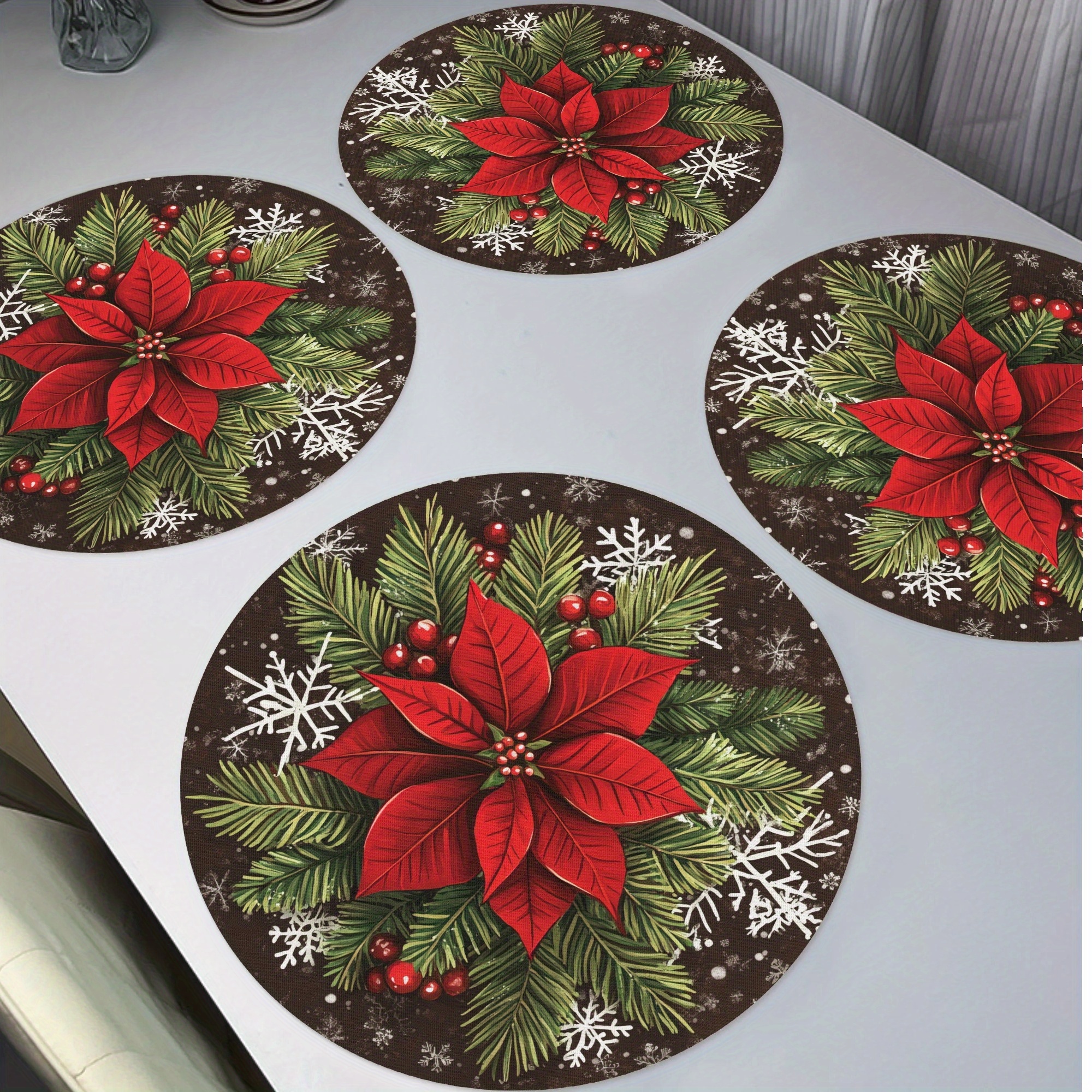 

4-pack Polyester Round Knit Fabric Placemats With Poinsettia And Design, Hand Washable, Non-slip, Heat Resistant 15" Table Mats For Christmas Dining Decoration