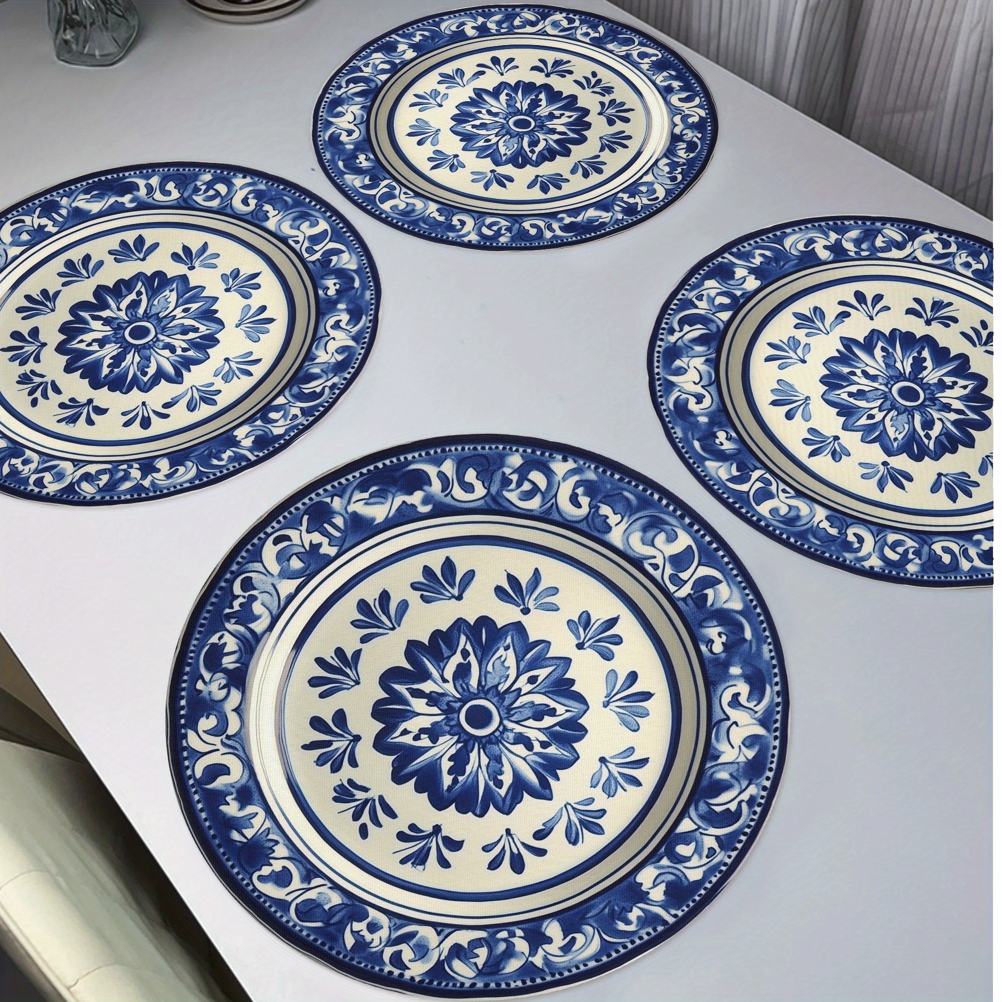 

4-pack Blue And White Floral Round Placemats, Hand Wash Only, Knit Fabric, Non-slip, Heat Resistant, Washable, 15" For Dining, Kitchen, Home Decor