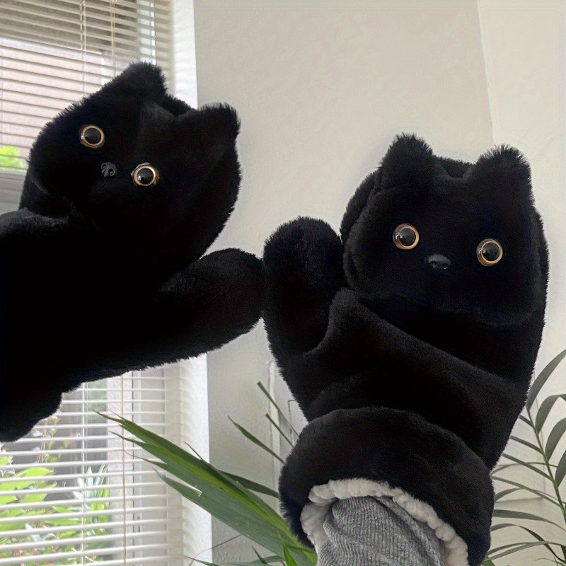 

1 Pair Women' Cat Plush Mittens - Polyester, Inelastic, Embroidered, Decorative & Gloves For Casual Weekend Use, Outdoor Cycling Compatible, Removable Drawstring