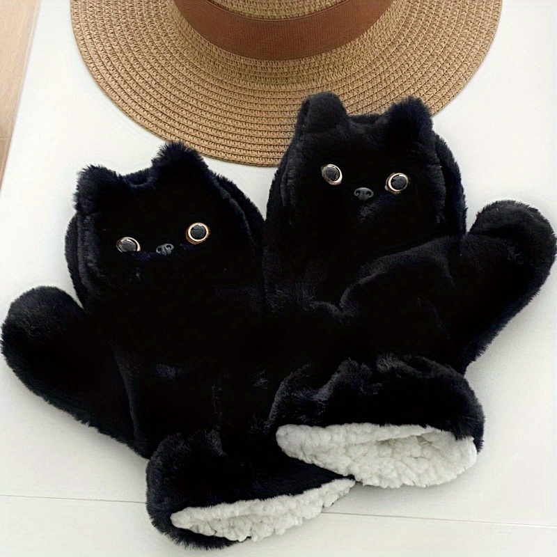 

Black Cat Plush Gloves For Women - Cozy & Accessory With Detachable Drawstring, Casual And Cycling