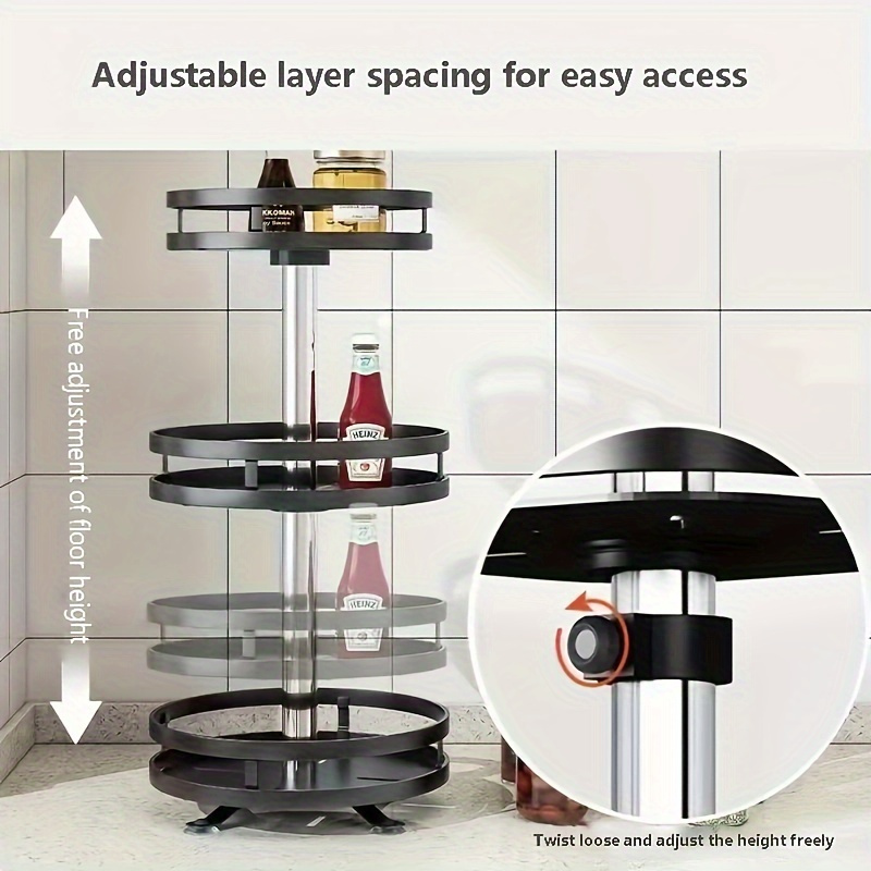 360 degree rotating kitchen organizer metal spice rack with sliding shelves for seasoning and condiment storage countertop mounting details 6