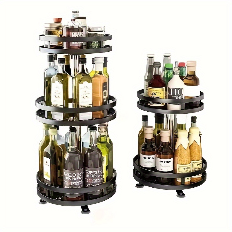 360 degree rotating kitchen organizer metal spice rack with sliding shelves for seasoning and condiment storage countertop mounting details 7