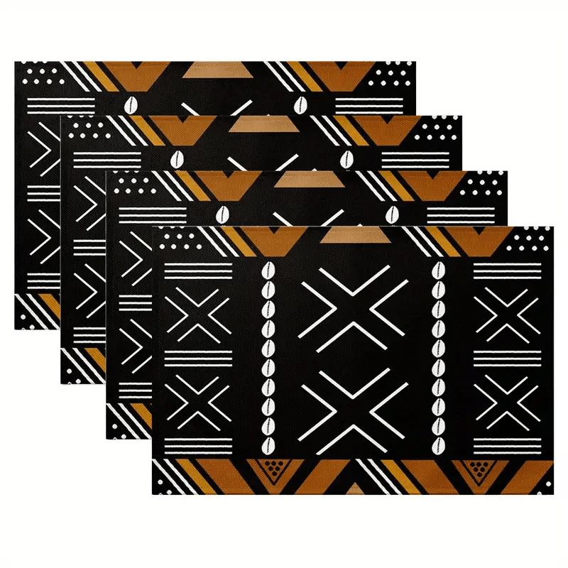 

4-piece African Tribal Pattern Placemats Set - Woven Polyester, Machine Washable, Fade Resistant Rectangle Dining Table Mats For Home & Kitchen Decor