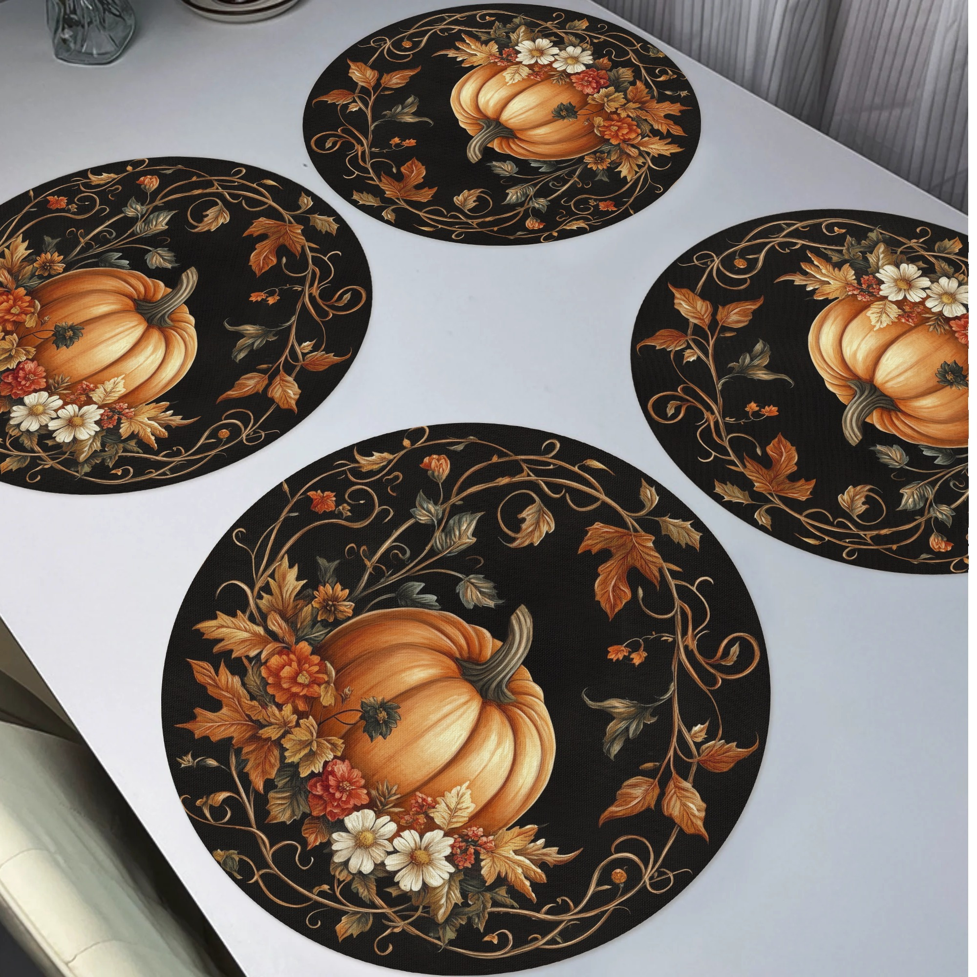 

4pcs Fall Pumpkins Thanksgiving Round Placemats, Autumn Harvest Seasonal Non-slip Sunflowers Place Mats Washable Heat Resistant Table Mats 15" For Party Kitchen Dining Decor