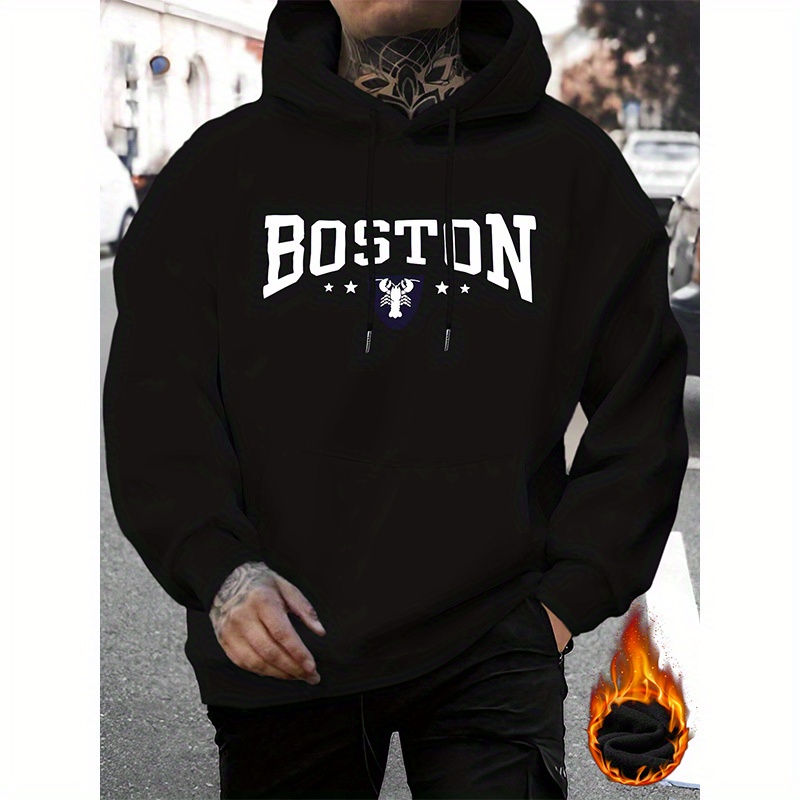 

Men's Boston Letter Print Hoodie - Casual & Stylish Drawstring Pullover With Kangaroo Pocket, Fall/winter