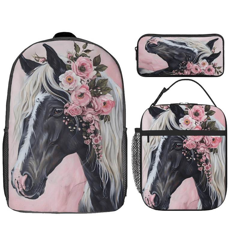 

3-piece Horse And Floral Print Polyester Backpack Set - Personalized Style For , Includes Daypack, Lunch Bag, And Pencil Case - Hand Washable/dry , Ideal For Travel, Hiking, And Outdoor Activities