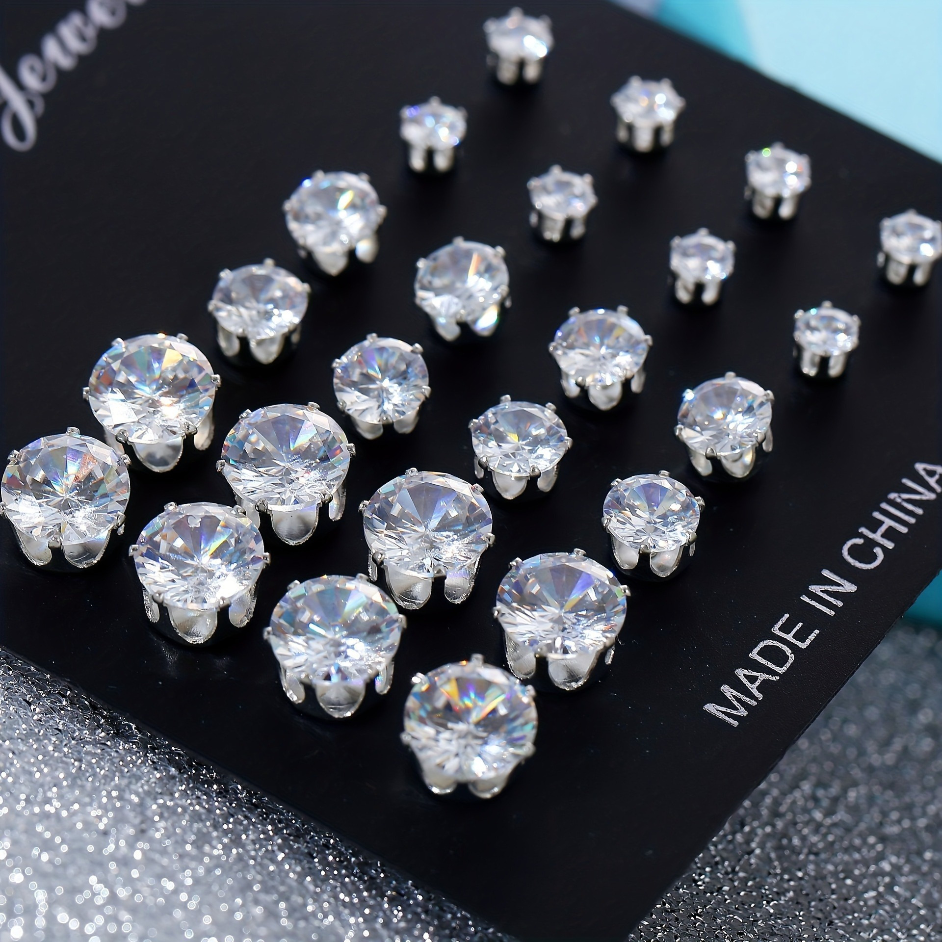 

12 Pairs Silvery Sparkling Zirconia Decor Stud Earrings Set Elegant Zinc Alloy Jewelry Female Gift