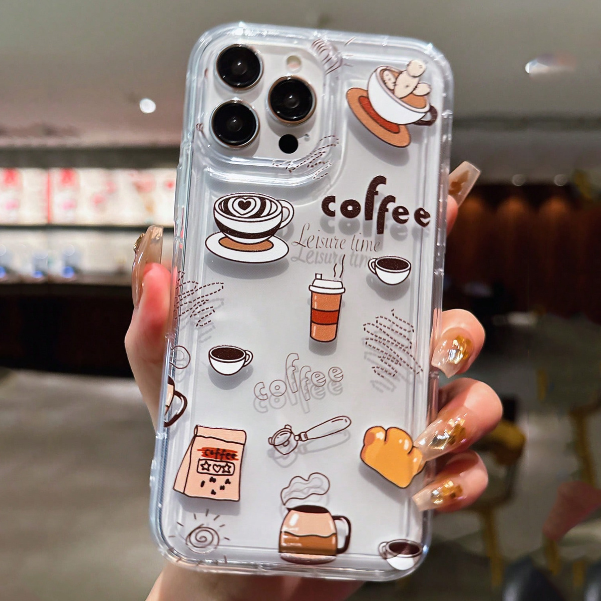 TEMU Phone Case: 1 Coffee Milk Tea Trendy Pattern Air Cushion Transparent Tpu Phone Case Compatible With Iphone 16 15 14 13 12 11 Pro Max Xs Xr 7 8