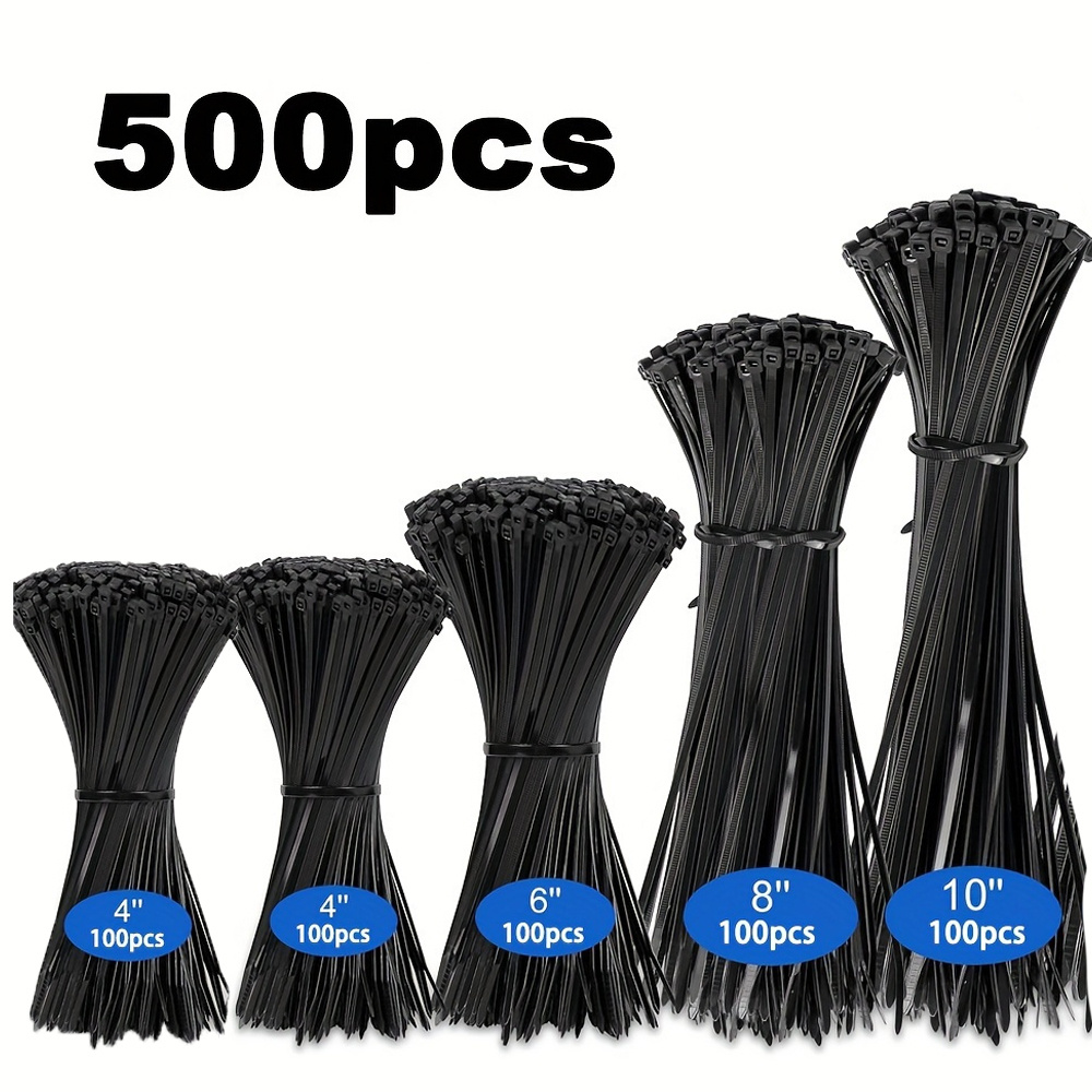 500 Black Heavy Duty Nylon Cable Ties - Assorted Sizes All Your Needs: 4 Inch, 6 Inch, 8 Inch, 10 Inch, 12 Inch - High Tensile Strength, Locking Zip Ties For Outdoor And Gardening Use, For Home